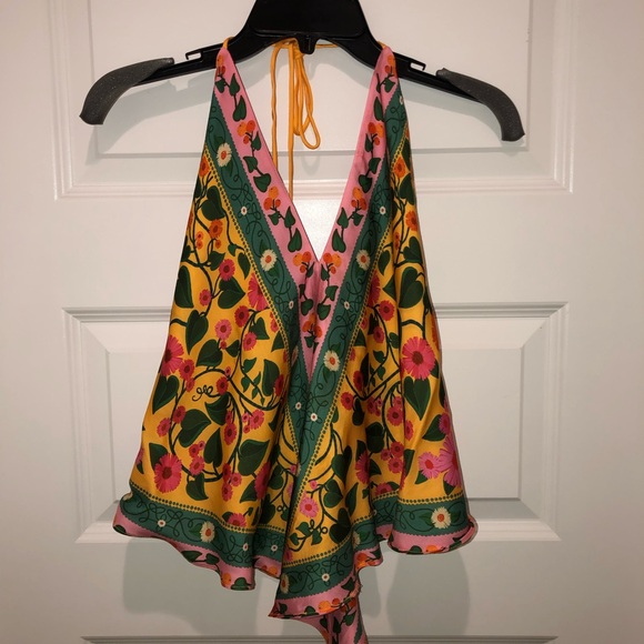 Farm Rio x Anthropologie Floral Pink Heart Printed Satin Halter Top Shirt sz XS - Picture 4 of 6